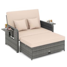 Patio Wicker Loveseat Sofa with Multipurpose Ottoman and Retractable Side Tray