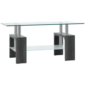 Rectangle Glass Coffee Table, 2-Tier Center Table with Tempered Glass Top and Storage Shelf for Living Room, Grey