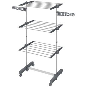 3-Tier Foldable Clothes Drying Rack, Stainless Steel Laundry Rack with 2 Side Wings and 6 Castors