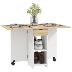 Folding Dining Table, Space Saving Drop Leaf Table with Drawer and Storage Shelves for Kitchen, Dining Room, Oak